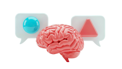 3D Brain with Speech Bubbles and Geometric Shapes