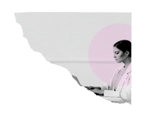 Businesswoman png working on laptop sticker, torn paper, corporate remixed media, transparent background