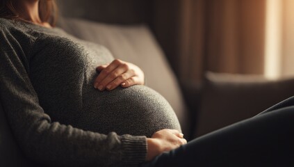 A pregnant woman sits comfortably on a couch cradling her belly with her hands.