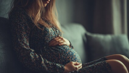 A pregnant woman sitting on a couch and cradling her belly with her hands.
