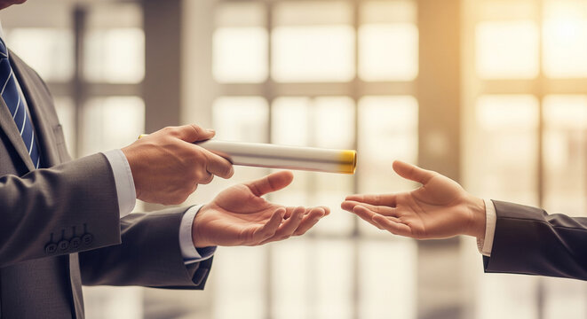 Close up of hands passing relay baton representing business succession and teamwork