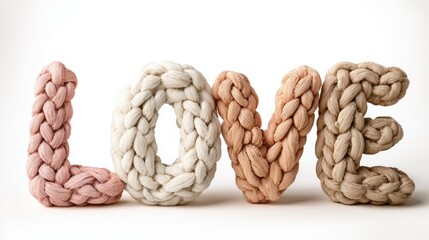 Chunky knit word spelling love using thick braided yarn letters