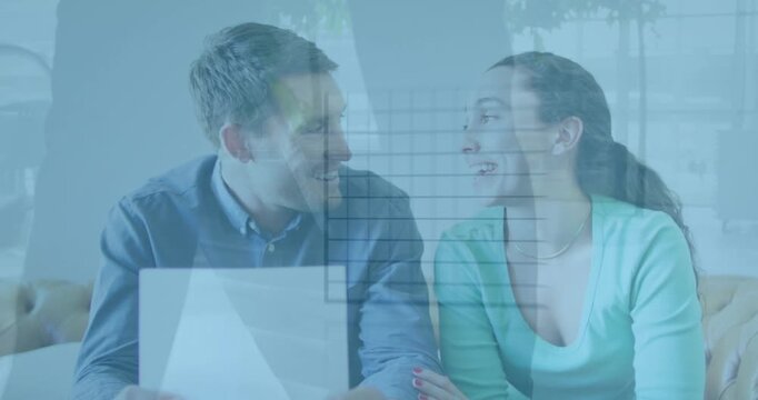 Man flipping documents and woman leaning on arm, causing financial charts and calendar overlaying