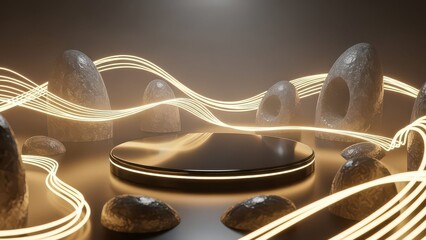 A dark, futuristic product display podium with glowing golden light trails and abstract rock formations.