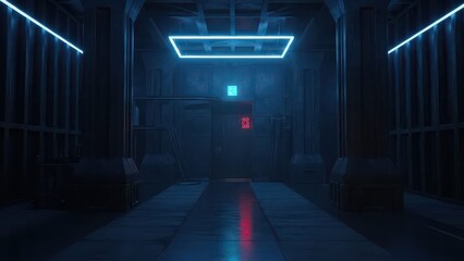 A dark, futuristic industrial corridor illuminated by blue neon lights and distant red and blue glowing squares.