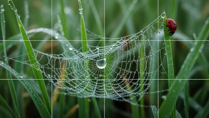 A delicate spiderweb adorned with glistening dewdrops, with a small red ladybug perched on a blade of grass above it, set against a lush green background.