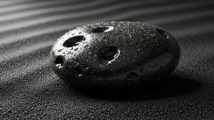 A dark, wet, porous stone with water droplets resting on a textured black surface with ripples.