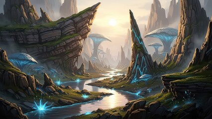 A breathtaking alien landscape with glowing rock formations, a winding river, and futuristic mushroom-like structures under a vibrant sky.