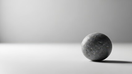 A single dark grey textured sphere casting a shadow on a minimalist light surface.