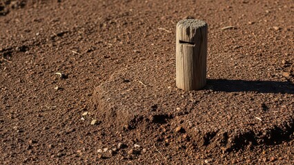 A small weathered wooden post stands in dry, reddish-brown earth under sunlight.