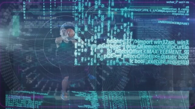 Man holding basketball and dribbling after HUD shift, preparing shot while HUD logging sports data