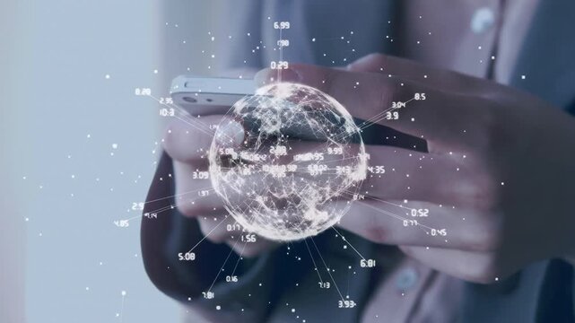 Hands holding phone flat causing globe emerging, rotating as fingers tapping updating number nodes