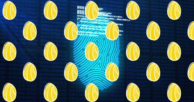 Fingerprint graphic shifting cyan or magenta, pulsing code on access request, yellow grid static