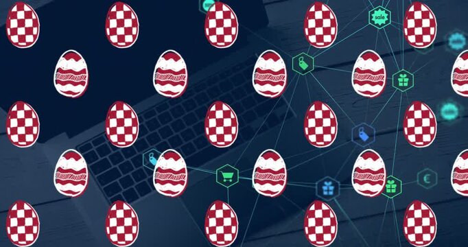 Commerce overlay animating across laptop and patterned eggs, commerce icons pulsing from sales data