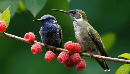 Obraz premium Hummingbirds Perched Two birds resting on a berry-laden branch, vibrant nature, close-up photography, summer scene, avian friends, colorful berries.