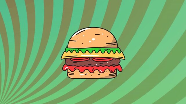 Cartoon hamburger entering from right, gliding and straightening, settling center for title intro