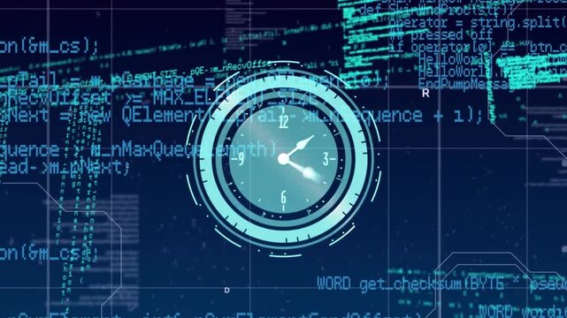 HUD clock brightening, expanding into rings and rotating while showing incoming code streams