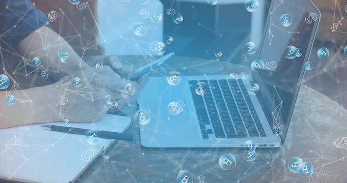 Man reaching for phone, tapping while checking crypto portfolio with floating network overlay
