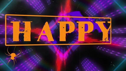 Orange rectangle appearing on start, switching HAPPY or HALLOWEEN, glitching, pulsing neon opener - Powered by Adobe