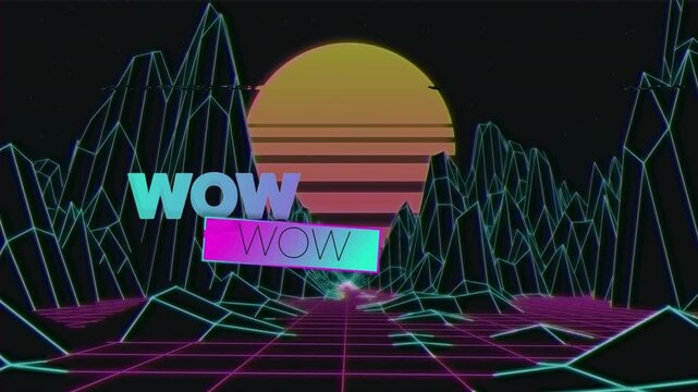 Camera pushing cyan 3D WOW scaling, shifting left, glitching and overlapping banner, claiming focus