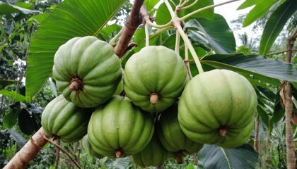 Garcinia cambogia fruits hanging on tree branch, ripening, close-up, in a natural jungle environment. Tropical botanical, nature photography