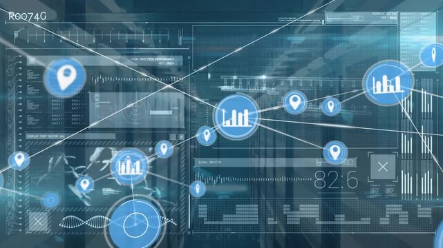 Single central node appearing, HUD network expanding and connecting blue icons to show data flow