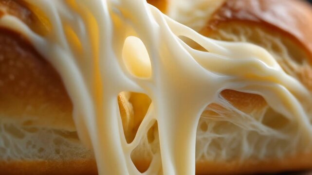 Deliciously melted, stretchy cheese creating an irresistible texture, pulling away from warm, freshly baked bread, a tempting and comforting culinary delight