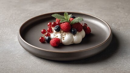 Delicious food placed on matte ceramic plate, non-reflective surface emphasizing texture, controlled studio lighting
