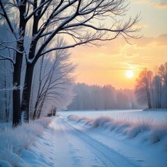 Winter solstice nature background, bare trees with snow under soft orange sky, peaceful winter mood