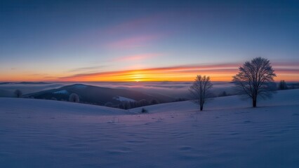 Obraz premium Photorealistic winter solstice background, distant horizon with sun just above snow line, minimal composition