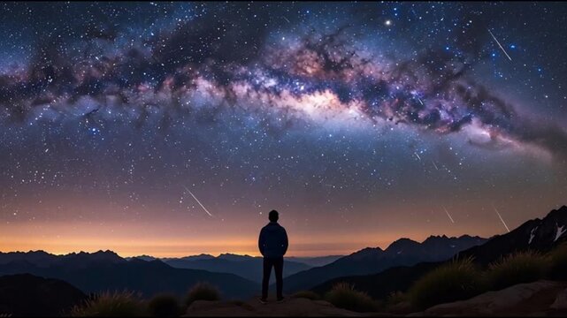 A lone figure stands under the breathtaking Milky Way on a mountain hill at dusk with starry night sky