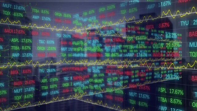 Market feed starting HUD overlay animating corner tickers growing yellow line rising showing gains