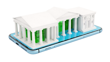 3D render of a bank building on a smartphone screen