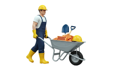 Construction worker pushing a wheelbarrow with bricks and tools
