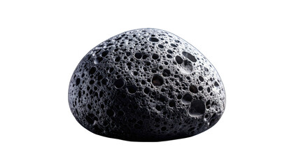 Porous, speckled orb against black. Textured with craters, suggesting space and the unknown