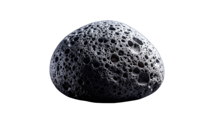 Porous, speckled orb against black. Textured with craters, suggesting space and the unknown