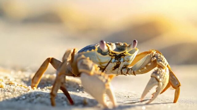 Ghost crab on a sunlit sandy beach with warm golden light