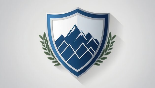 Abstract emblem Shield with mountain peaks, adorned with olive branches. Flat vector logo, security company visual identity, badge, icon.