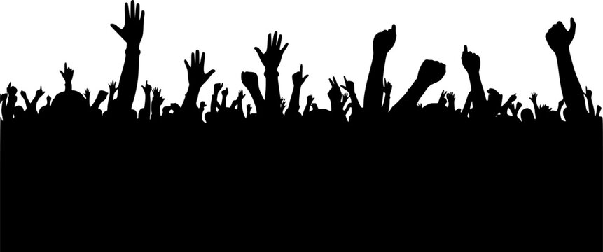 Black crowd silhouette of people with raised hands at concert or party event celebration, cad drawing flat vector illustration background