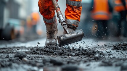 Dedicated construction professional in high-visibility orange safety gear and heavy-duty boots diligently performs manual labor, clearing debris and shaping the ground on an active work site