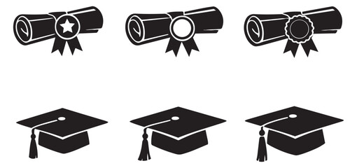 Graphic graduation elements set featuring rolled diplomas and academic caps for education and achievement