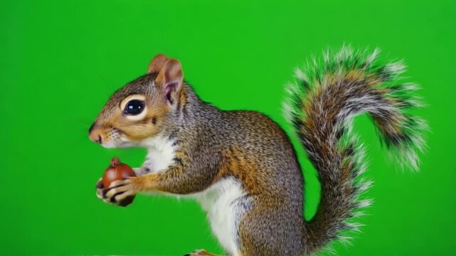 Cute Gray Squirrel Holding and Eating an Acorn on Green Screen Background, Ideal for Nature and Animal Content, VFX, and Learning