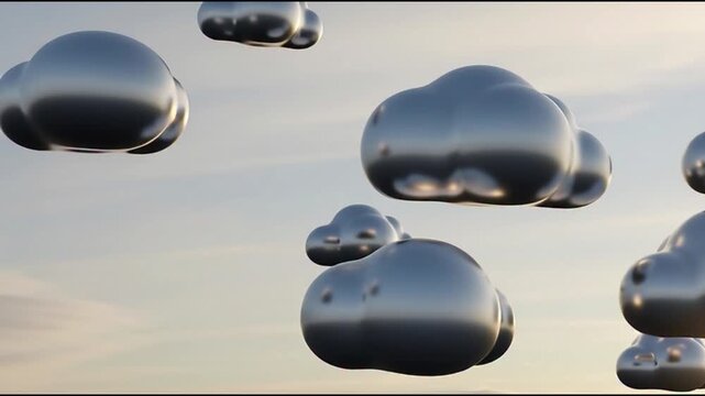Shiny metallic clouds float gently across a serene sky from a unique aerial viewpoint