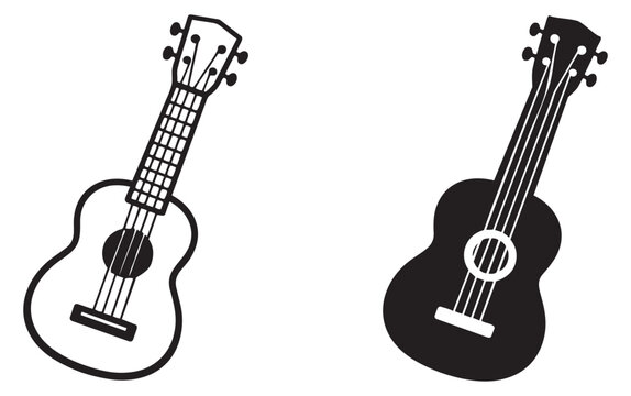 Hand drawn line art and silhouette ukulele set featuring two different styles of a musical instrument for music related designs