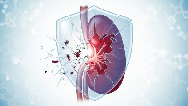 An illustration depicting a human kidney under attack, with a protective shield breaking and fragments flying, symbolizing kidney damage or disease.