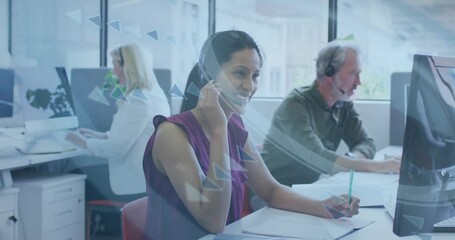 Call agent answering call and noting paperwork, tri-overlay highlighting customer data for support