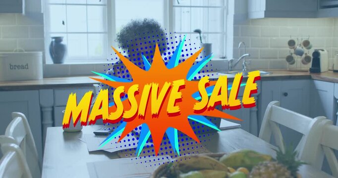 Senior woman reading papers at kitchen table, ad overlay expanding and covering face promoting sale