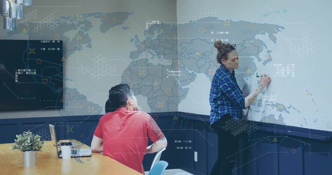Woman starting business meeting marking world map while team leaning in and animated pins on marks