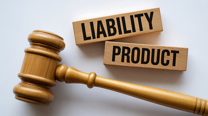 Product liability concept with wooden gavel and blocks law court judge justice legal text black letters closeup white background responsibility accountability