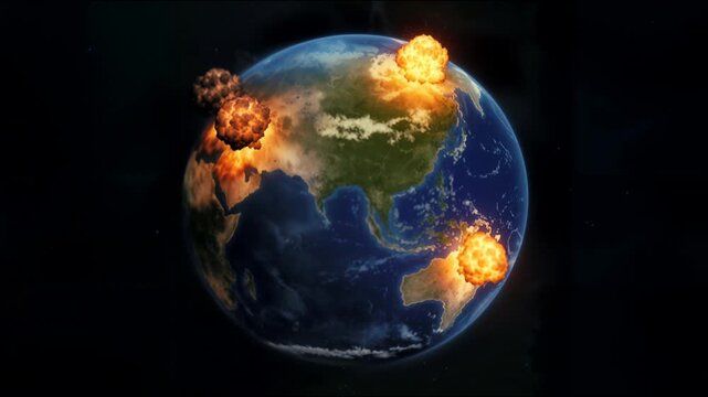 Animation of rotating planet Earth with multiple explosion points and fire depicting global conflicts, nuclear warfare or worldwide catastrophic events animation loop. War map